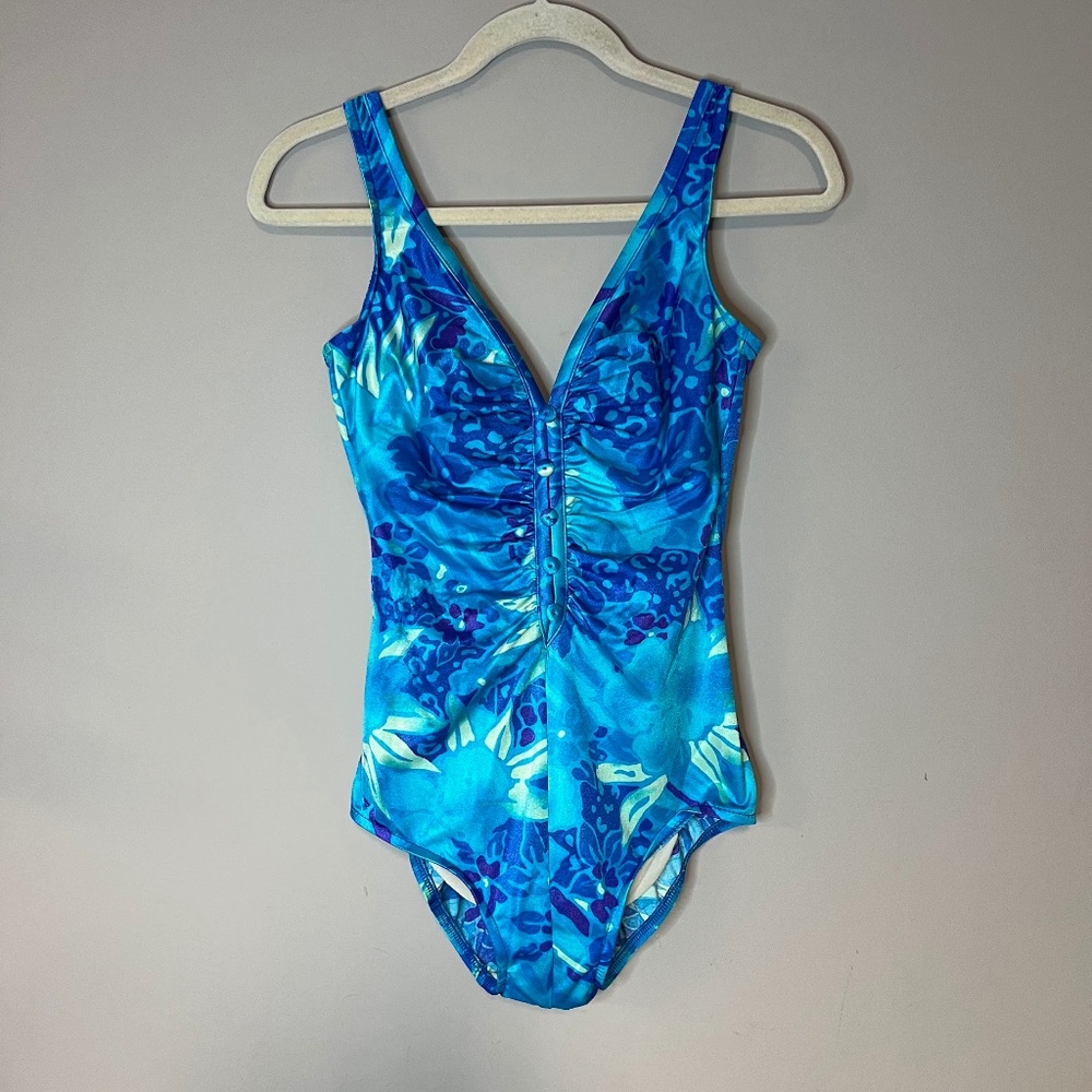 Vintage Tropical Floral Button Front Bathing Suit One Piece Swimsuit